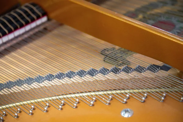 Closeup de um piano dentro, cordas paralelas em um compos diagonal — Fotografia de Stock