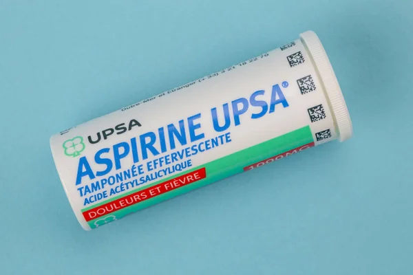 Closeup on aspirin box upsa. It is an antipyretic and pain kille — Stock Photo, Image