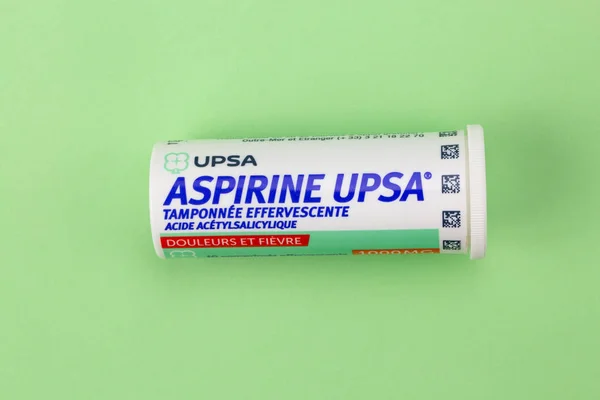 Closeup on aspirin box upsa. It is an antipyretic and pain killer — Stock Photo, Image