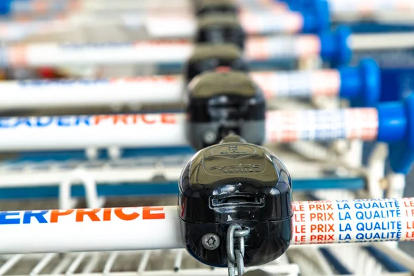 Cognac France February 2020 Leaderprice Supermarket Shopping Trolleys Aligned Stored — ストック写真