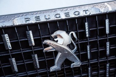 Konyak, Fransa - 21 Şubat 2020: Beyaz Peugeot SUv 'un ön tamponuna logonun yakın çekimi