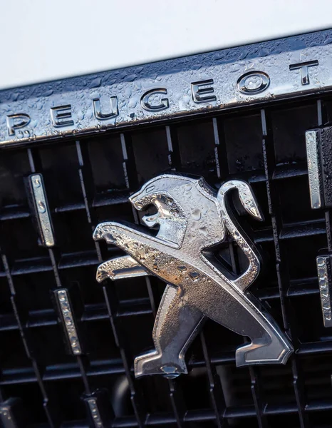 Konyak, Fransa - 21 Şubat 2020: Beyaz Peugeot SUv 'un ön tamponuna logonun yakın çekimi