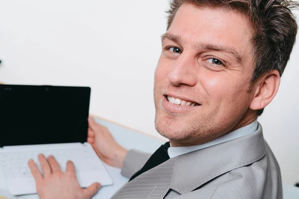 Happy Smiling Young Man Watching Working Computer Laptop Home — Stock Photo, Image