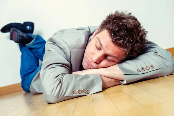 Fun Portrait Freelance Worker Lying Floor Sleeping Home Parquet Floor — Stock Photo, Image