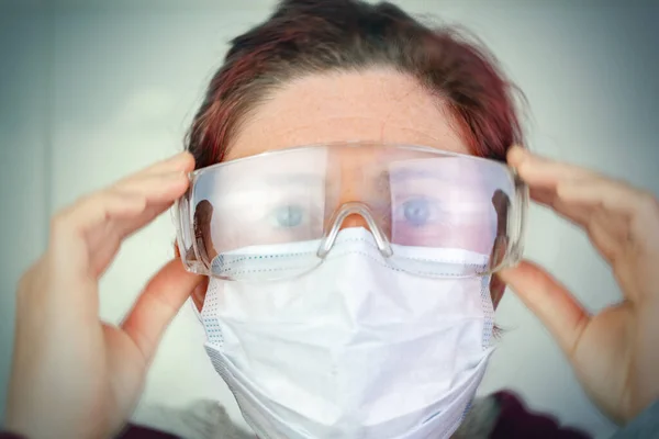 Blurry Portrait Person Medical Mask Protective Glasses Protection Flu Diseases — Stock Photo, Image
