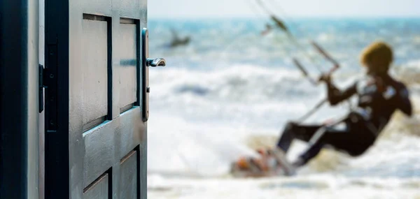 Opened Door Concept Sportsman Kitesurfing Blurred Background — Stock Photo, Image