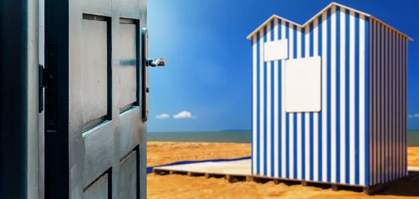 Opened Door Concept Beach Cabin Typical Normandy Beaches Blurred Background — Stock Photo, Image