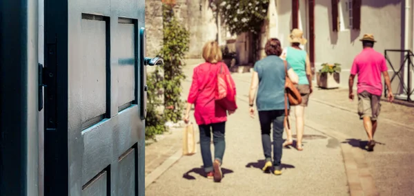 Opened Door Concept Group Retired Tourists Walking French Provencal Village — Stock Photo, Image
