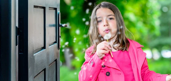 Opened Door Concept Very Pretty Young Child Blowing Plant — Stock Photo, Image