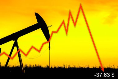 WTI petrolünün tarihsel düşüşünü resmeden açık bir illüstrasyon. Arkaplanda aşağı ok ve siluet şeklinde bir petrol kuyusu var.