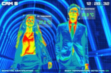 Vücut sıcaklığı simülasyonu termoscan veya kızılötesi kamera tarafından covid19 veya corona virüsüne karşı yapılır.
