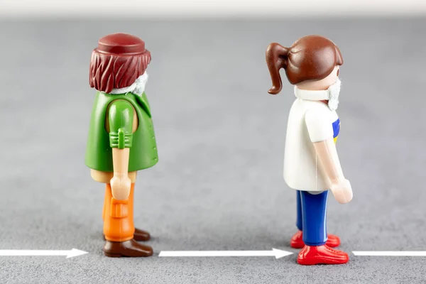 Playmobil Character Illustrating Mark Ground Signage Physical Distance Street Continental — 스톡 사진