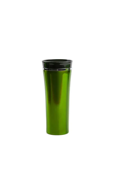 Green burgundy thermo mug on a white background isolated — ストック写真