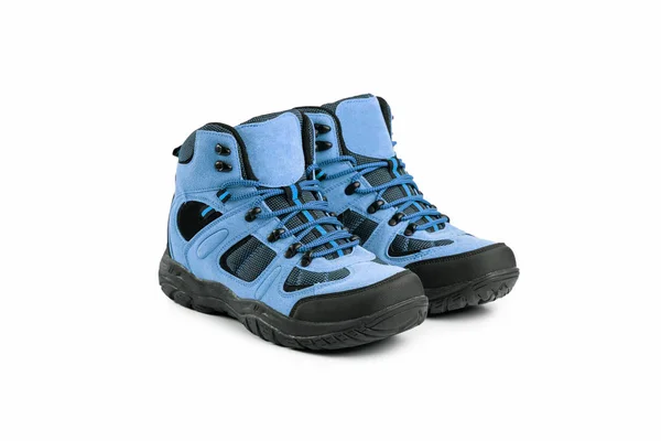 Mens winter boots blue for expeditions of travel isolated on a white background — ストック写真