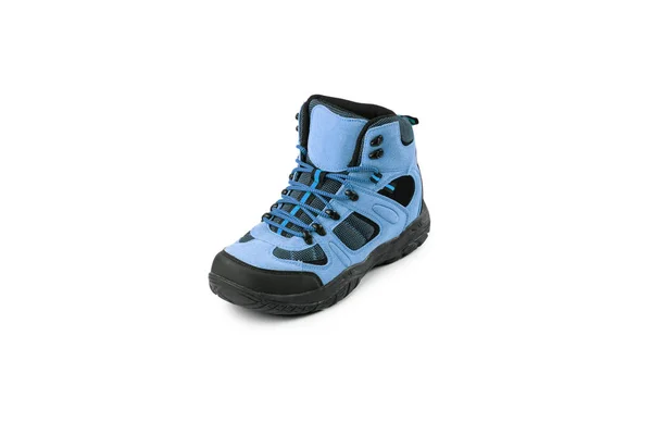 Botas de inverno mens azul para expedições de viagens isoladas em um fundo branco — Fotografia de Stock