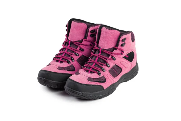 Mens winter boots pink for expeditions of travel isolated on a white background — ストック写真