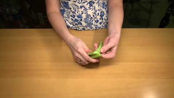 A lány az asztalnál letisztítja a zeller héját. — Stock videók