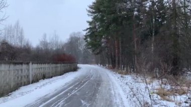 Russian winter. The snowstorm sweeps. Swept asphalt road in the winter forest. Its snowing. Pine forest. Twilight. 4K 60 fps.