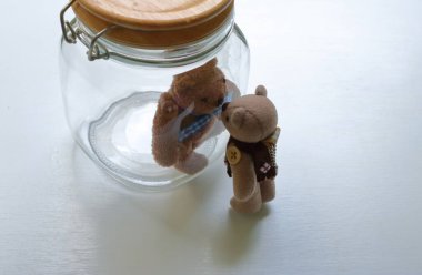 Kapalı şişede öpüşen iki ayıcığın yakın çekim ve seçici odak noktası, diğeri dışarıda, koronavirüs salgını sırasında karantina ve sosyal uzaklık kavramı.