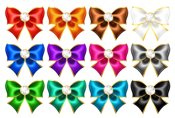 Altın kenarlı ve taşlı 12 gerçekçi vektör yayı. Festival yayları satılık ya da kutlama afişleri, dekorasyon, düğün ya da kartvizit hazırlamak için mükemmeldir.