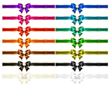 14 gerçekçi vektör seti kurdeleli, altın kenarlı ve değerli taşlı. Festival yayları satılık ya da kutlama afişleri, dekorasyon, düğün ya da kartvizit hazırlamak için mükemmeldir.