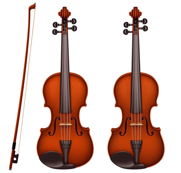 Vetor Realista Violino Marrom Detalhado Com Fiddlestick Isolado Fundo Branco — Vetor de Stock