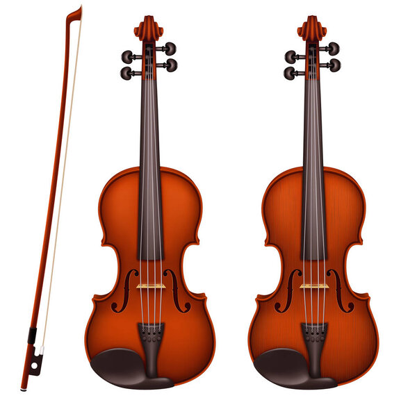 Realistic vector detailed brown violin with fiddlestick isolated on a white background. Classical stringed musical instrument with wooden texture. Layout design for banners and presentations