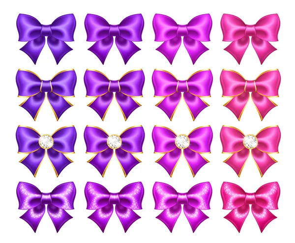 Set Realistic Purple Pink Bows Golden Border Gems Glitter Festive — Stock Vector