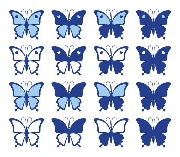 Kształty Pięknych Motyli Wyizolowanymi Sercami Białym Tle Sylwetka Motyla Idealnie — Wektor stockowy