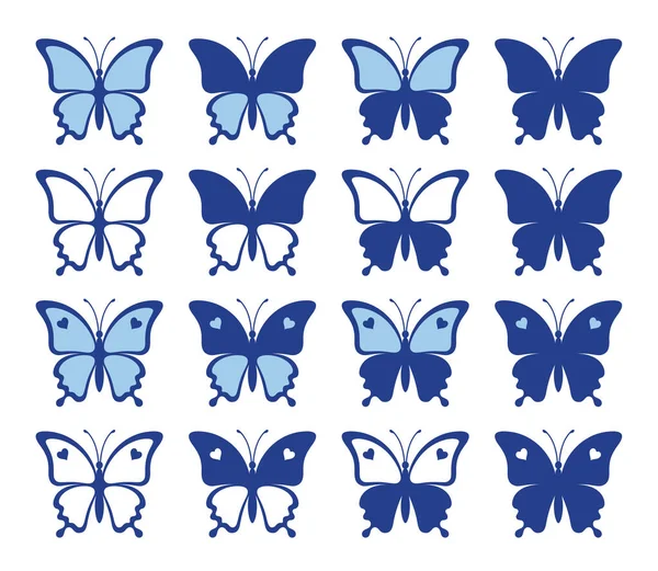 Formen Von Hübschen Schmetterlingen Mit Herzen Auf Weißem Hintergrund Silhouette — Stockvektor