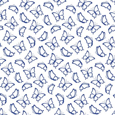 Beyaz arka plandaki kelebek çizgilerinin kusursuz deseni. Kelebek siluetleri hediye kağıdı, düğün kartları ve tekstil yapımında harikadır.