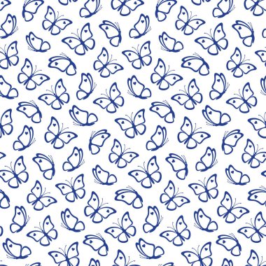 Beyaz arka plandaki mavi kelebeklerin hatlarından kusursuz. Kelebek siluetleri hediye kağıdı, düğün kartları ve tekstil yapımında harikadır.
