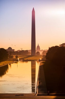 Washington DC Anıtı ve ABD Kongre Binası Ulusal AVM 'deki Lincoln Anıtı' nın yansıtma havuzunun karşısındaki bina.