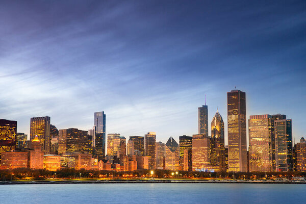 Chicago cityscape looking out from the Adler Planetarium across Lake Michigan in Illinois USA