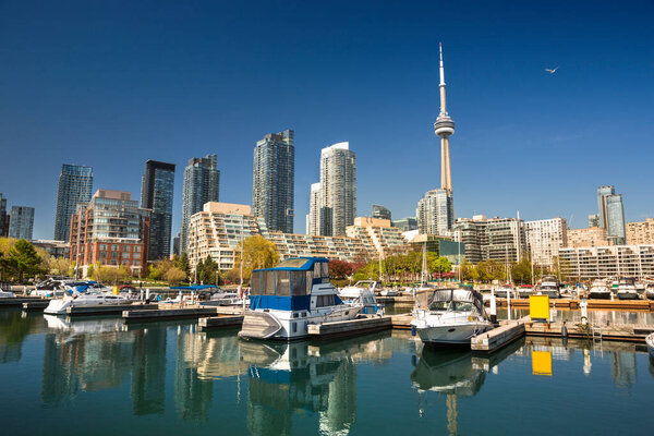 Вид на городской небоскреб CN Tower в Торонто, Онтарио, Канада, с пристани вдоль озера Онтарио
