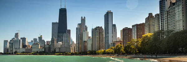 Chicago cityscape panorama across Lake Michigan and Lake Shore Drive in Illinois USA