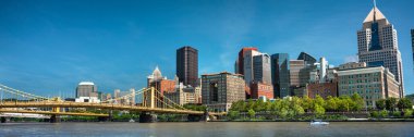 Pittsburgh Pennsylvania 'da Allegheny Nehri ve Roberto Clemente Köprüsü üzerindeki şehrin ufuk çizgisi.