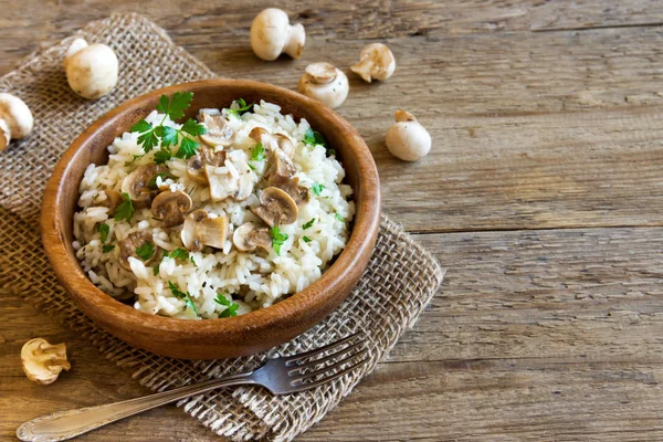 Mushroom Risotto Parsley Wooden Bowl Rustic Background Copy Space Healthy — Stock Photo, Image