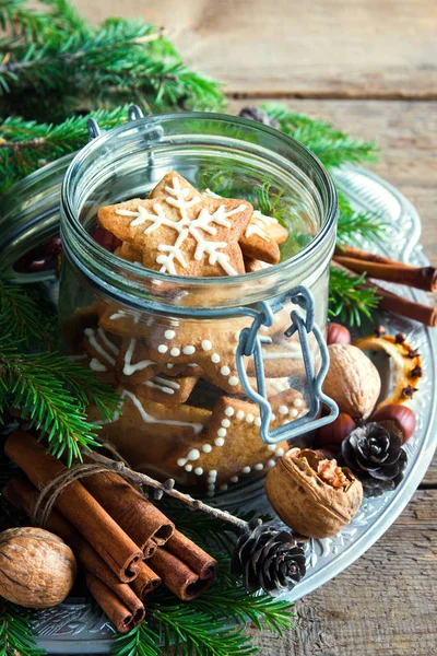 Gingerbread Christmas Cookies Stars Glass Jar Fir Branches Christmas Spices — Stock Photo, Image