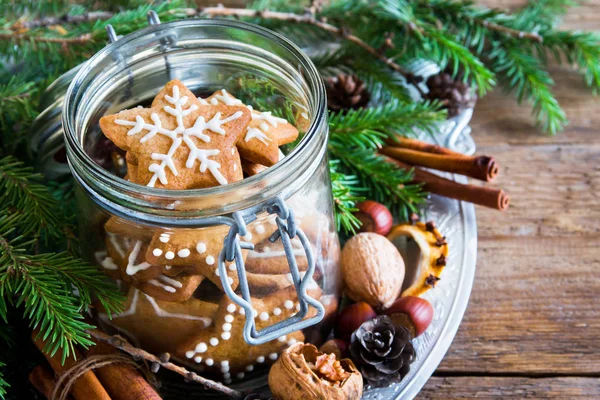 Gingerbread Christmas Cookies Stars Glass Jar Fir Branches Christmas Spices — Stock Photo, Image