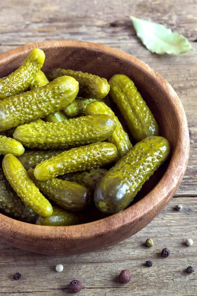 Pickles Bowl Pickled Gherkins Cucumbers Rustic Wooden Background Close — Stock Photo, Image