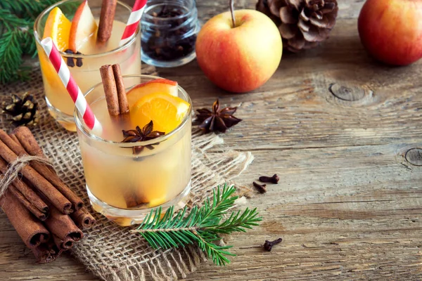 Hot toddy drink (apple orange rum punch) for Christmas and winter holidays - festive Christmas homemade drinks, with copy space