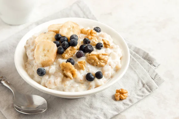 Oatmeal Porridge Walnuts Blueberries Banana Bowl Healthy Rustic Breakfast — Stock Photo, Image
