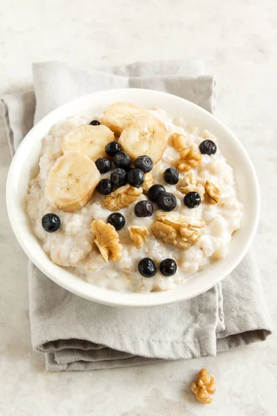 Oatmeal Porridge Walnuts Blueberries Banana Bowl Healthy Rustic Breakfast — Stock Photo, Image