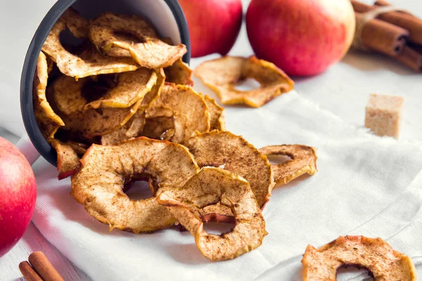 Ekologisk Äpple Kanel Chips Skivor Över Vit Bakgrund Frisk Vegan — Stockfoto