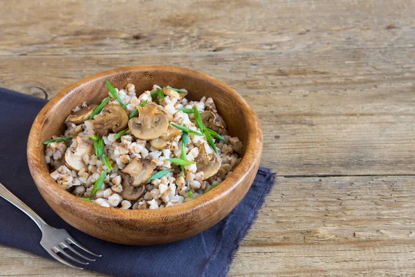 Russian Traditional Buckwheat Mushrooms Chives Wooden Background Copy Space — Stock Photo, Image