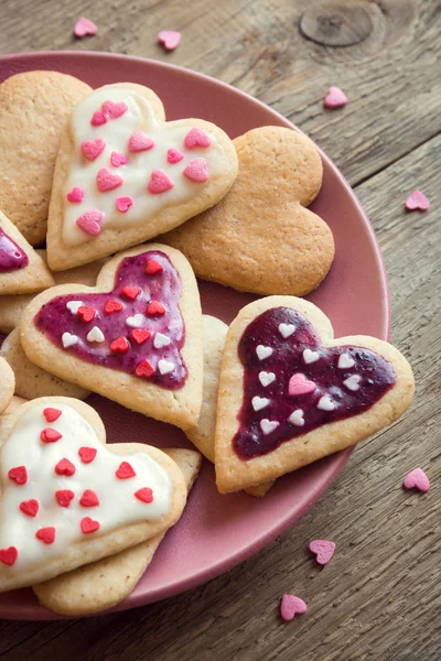 Galletas Esmaltadas Forma Corazón Para Día San Valentín Deliciosa Pastelería — Foto de Stock