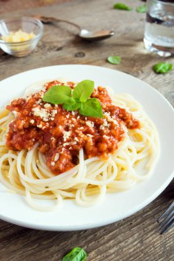 Spagetti bolognese makarna salça ve kıyma, rendelenmiş parmesan peyniri ve taze fesleğen - kopya alanı rustik ahşap zemin üzerine ev yapımı sağlıklı İtalyan Makarna