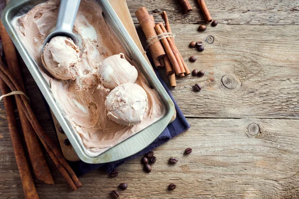 Homemade Ice Cream Scoop Frozen Metallic Container Wooden Background Copy — Stock Photo, Image