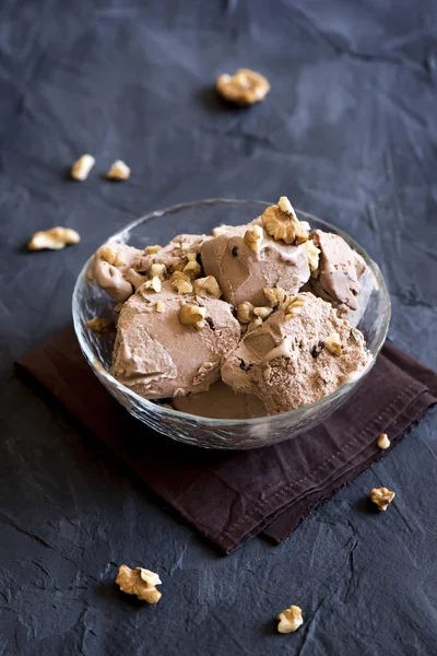 Homemade Chocolate Ice Cream Topped Walnuts Glass Bowl Healthy Homemade Royalty Free Stock Images